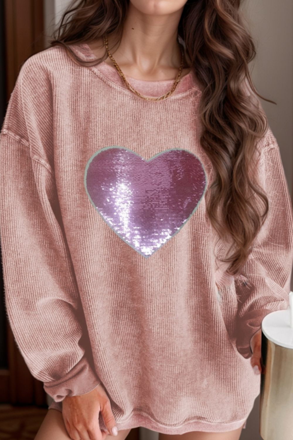 Valentine’s Day Sequin Heart Round Neck Long Sleeve Sweatshirt - Sydney So Sweet