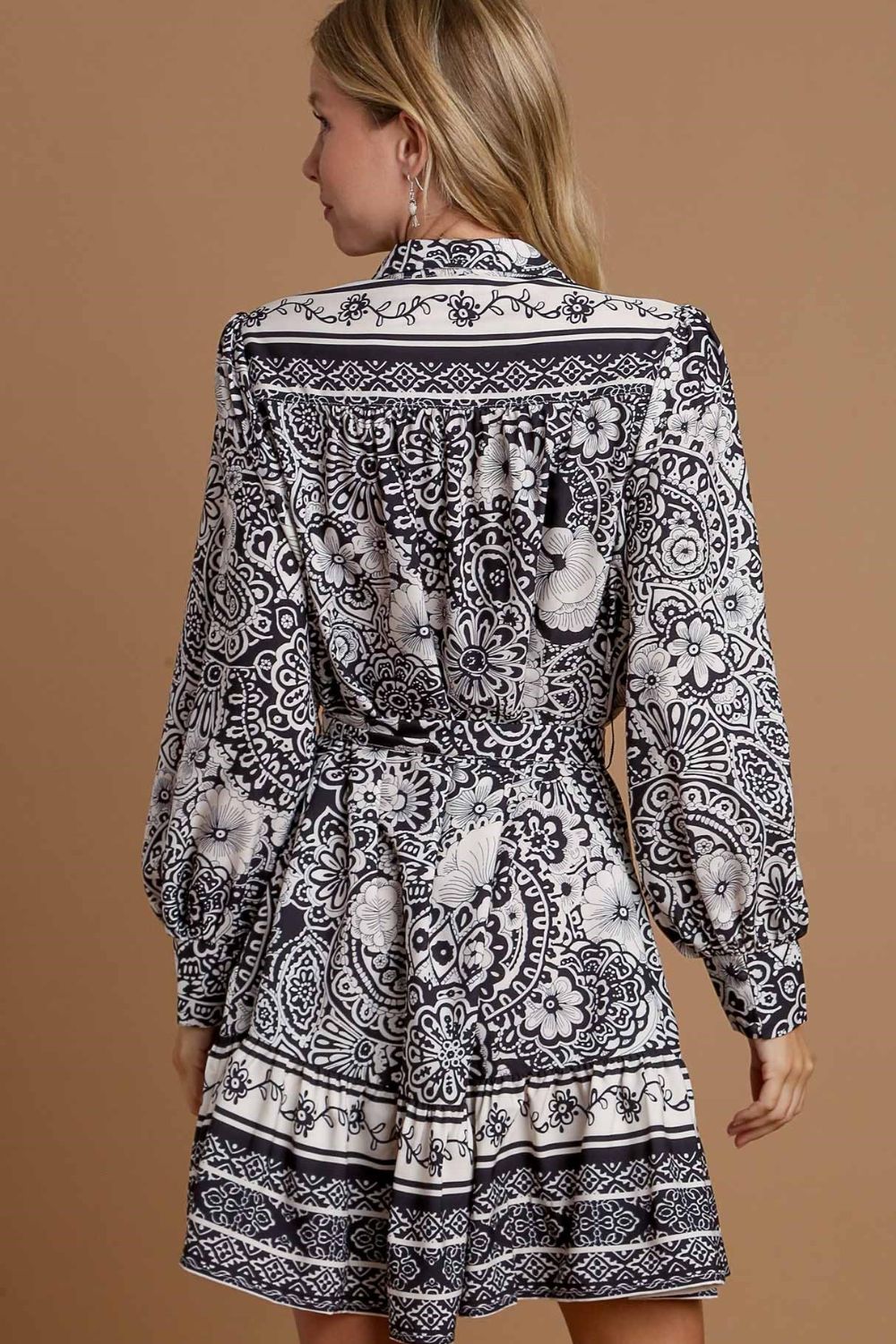 Umgee Full Size Two Tone Floral Border Print Tie Waist Mini Dress Plus Size - Sydney So Sweet