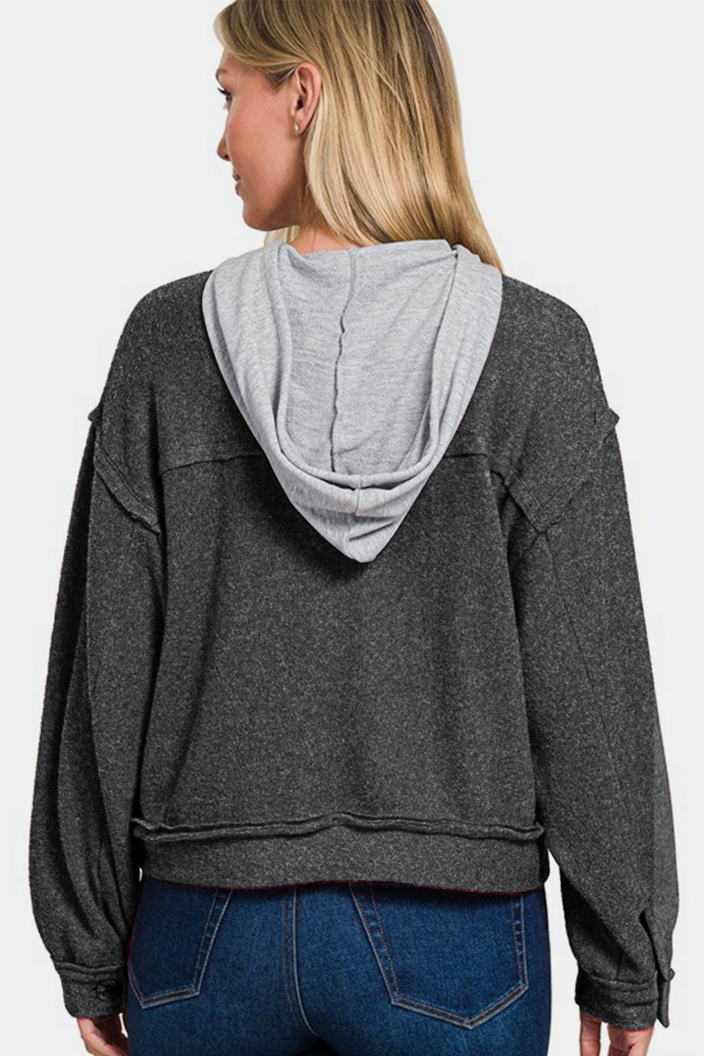 Zenana Brushed Hacci Button Down Drawstring Hooded Shacket - Sydney So Sweet