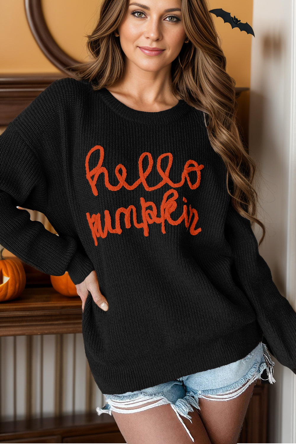 Hello Pumpkin Round Neck Long Sleeve Sweater - Sydney So Sweet