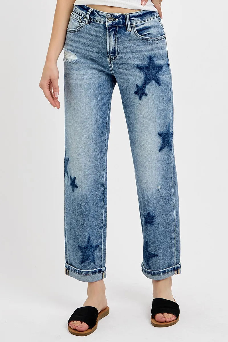 RISEN Full Size Mid Rise Boyfriend Star Shadow Detail Cuffed Jeans Plus Size - Sydney So Sweet