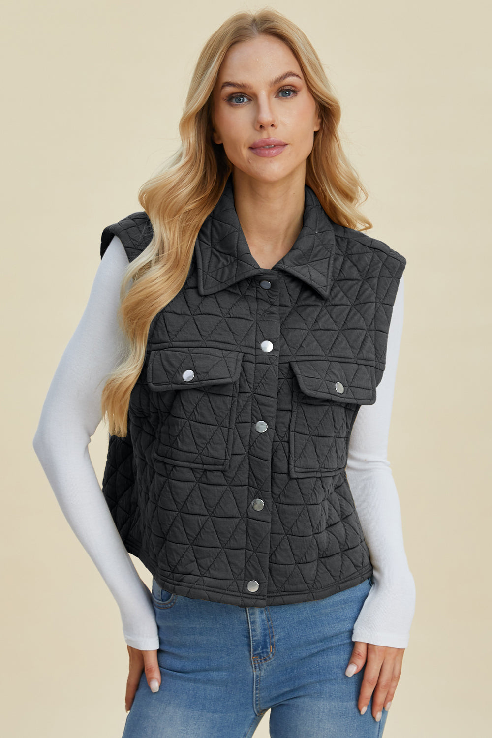 Double Take Full Size Pocketed Texture Snap Down Vest Coat - Sydney So Sweet