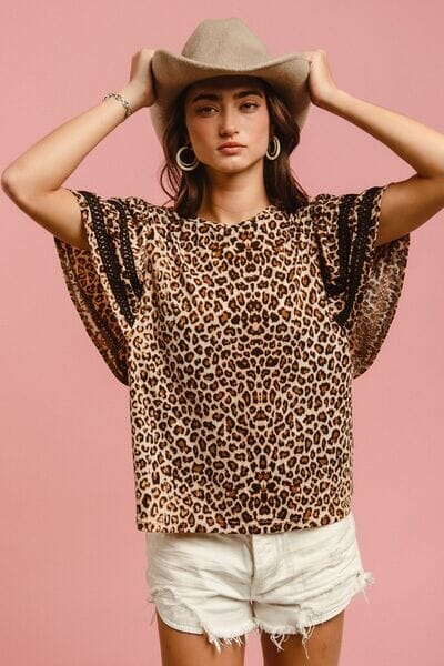 BiBi Leopard Crochet Trim Round Neck Short Sleeve Top - Sydney So Sweet