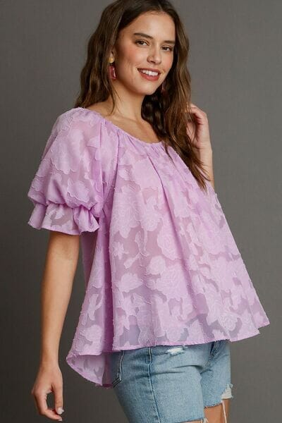 Umgee Full Size Jacquard Round Neck Ruffled Puff Sleeve Blouse Plus Size - Sydney So Sweet