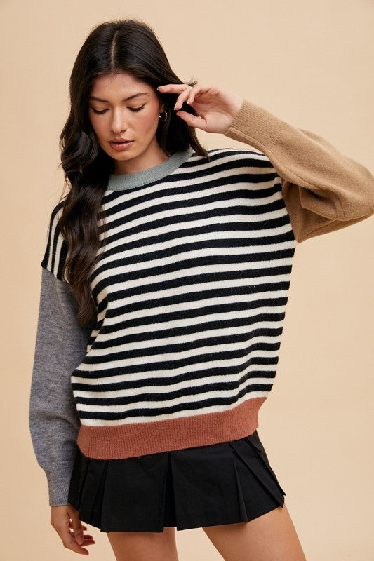 Annie Wear Striped Color Block Round Neck Sweater - Sydney So Sweet