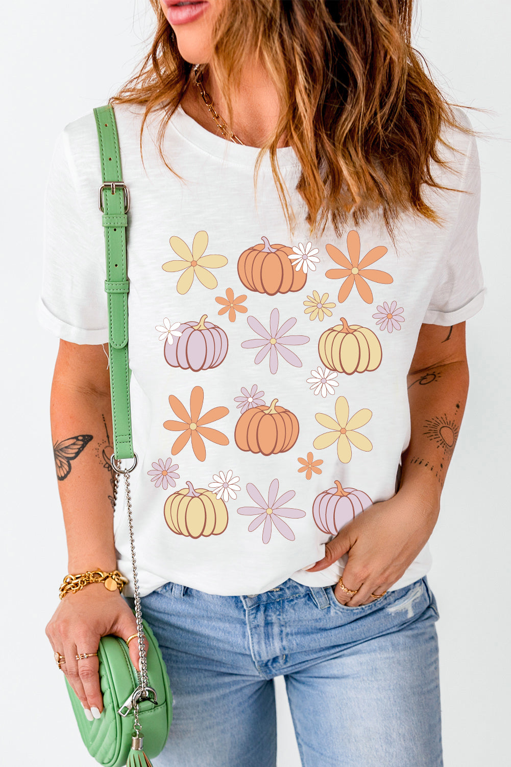 Pumpkin & Flower Round Neck Short Sleeve T-Shirt - Sydney So Sweet