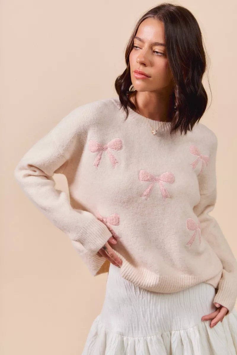SO ME Embroidered Ribbon Round Neck Sweater - Sydney So Sweet