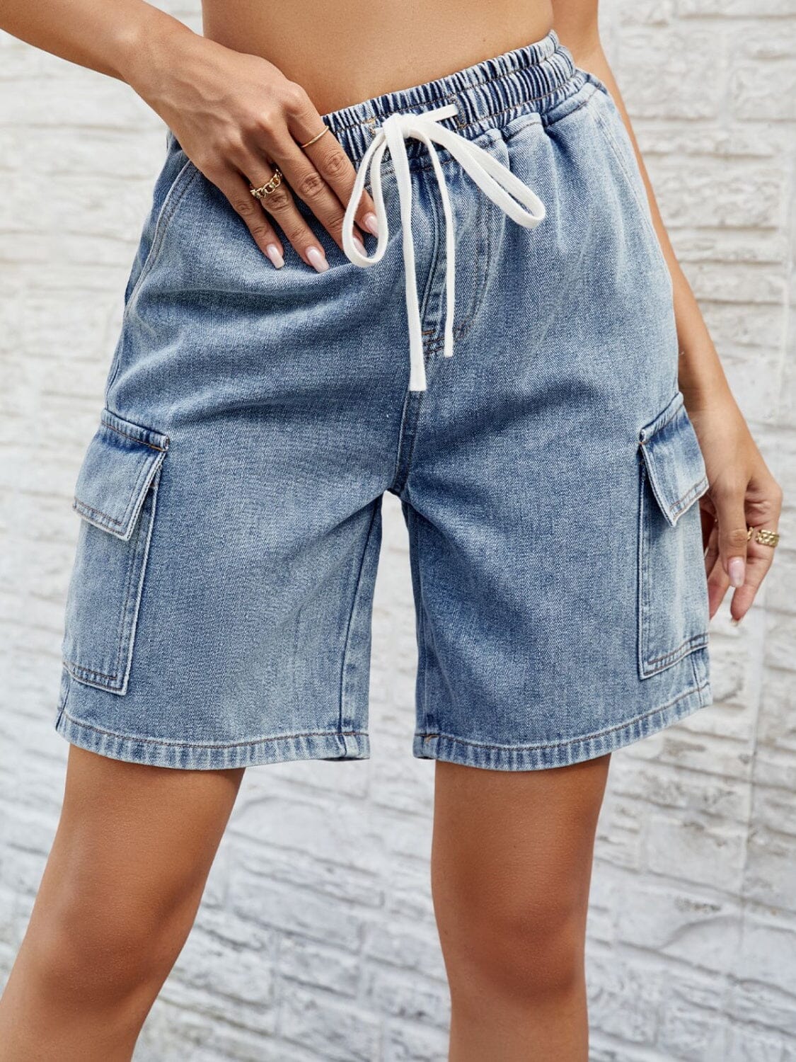 Drawstring Denim Shorts with Pockets - Sydney So Sweet