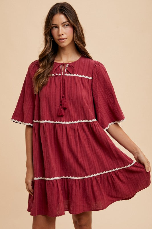 Annie Wear Tassel Contrast Trim Tie Neck Half Sleeve Tiered Dress - Sydney So Sweet