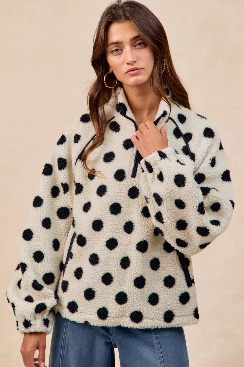 BiBi Polka Dot Sherpa Half Zip Up Top with Side Pocket - Sydney So Sweet