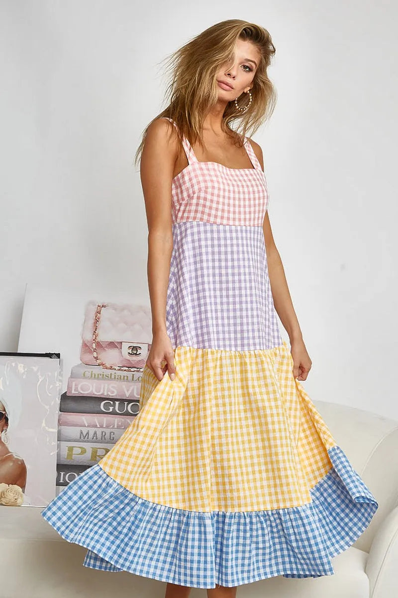 BiBi Color Block Tiered Gingham Dress - Sydney So Sweet