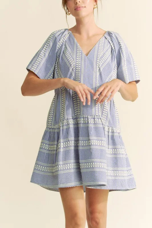 Davi & Dani Embroidered Stripe Ruffled Gingham Mini Dress - Sydney So Sweet