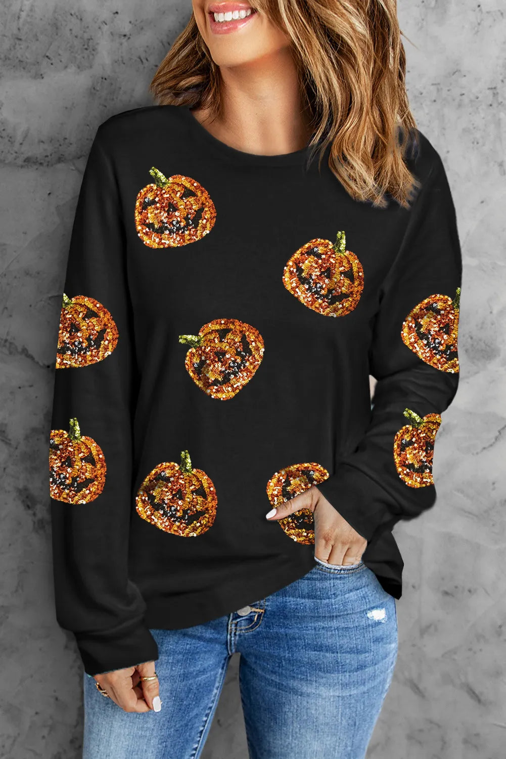 Sequin Pumpkin Round Neck Long Sleeve Top - Sydney So Sweet