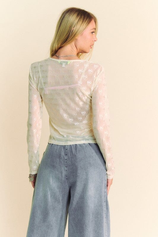 Davi & Dani Bow Mesh Round Neck Long Sleeve Top - Sydney So Sweet