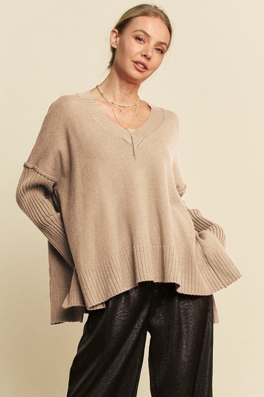 Davi & Dani Ribbed Side Slit V-Neck Sweater - Sydney So Sweet