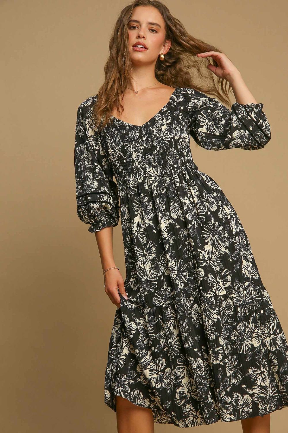 Umgee Ruffle Hem Flower Printed V-Neck Dress - Sydney So Sweet