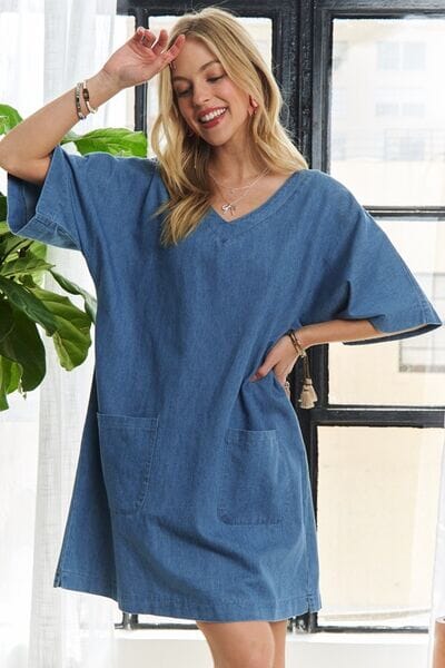 ADORA V-Neck Half Sleeve Mini Denim Dress - Sydney So Sweet