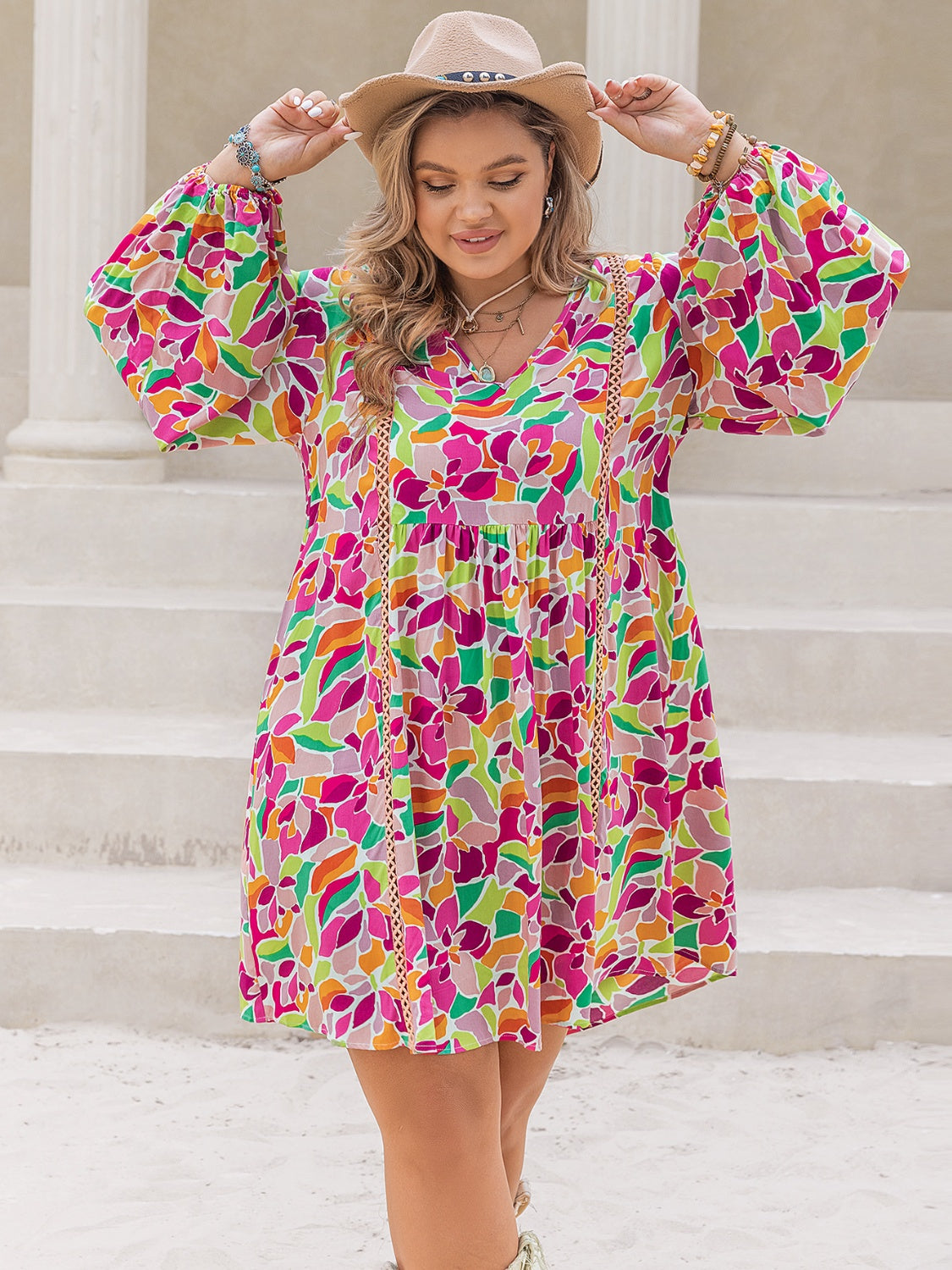 Plus Size Printed V-Neck Balloon Sleeve Mini Dress - Sydney So Sweet