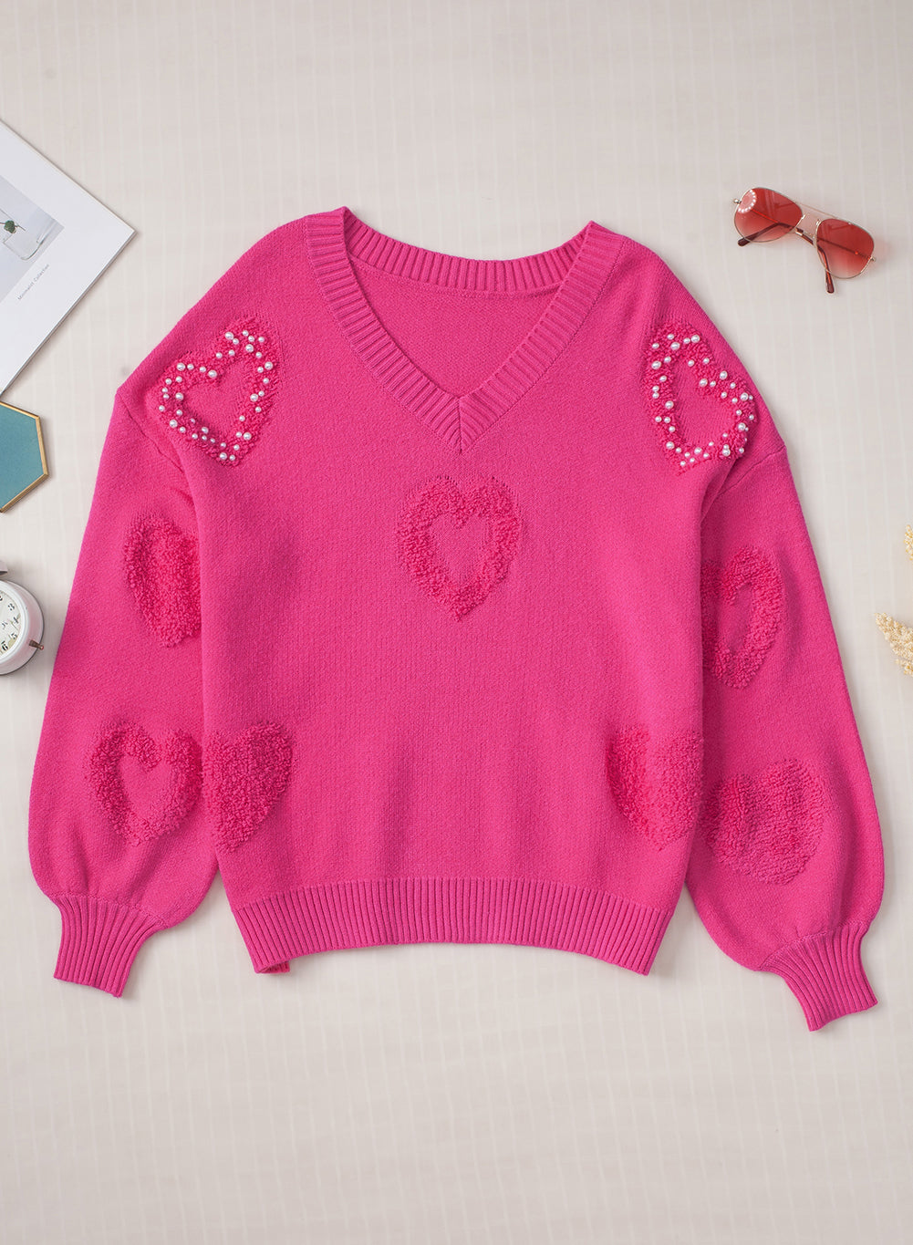 Pearl Trim Heart V-Neck Sweater - Sydney So Sweet