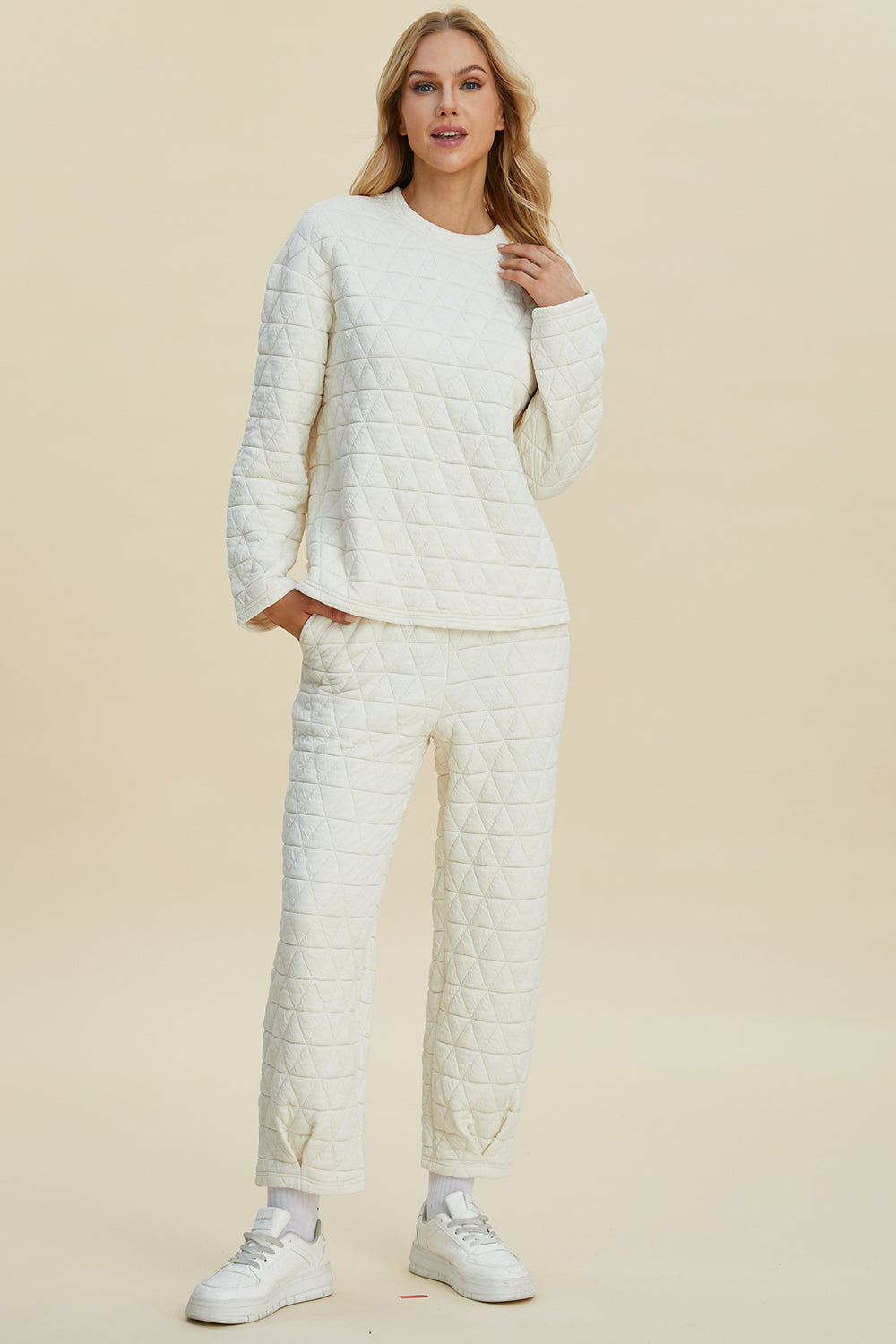 Double Take Full Size Texture Round Neck Long Sleeve Top and Pants Set - Sydney So Sweet