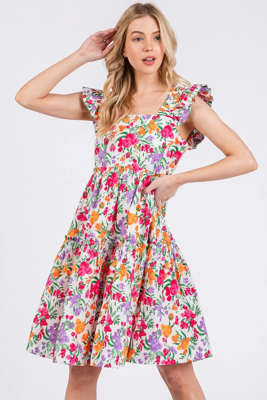 Mittoshop Flower Print Ruffle Shoulder A-line Mini Dress - Sydney So Sweet