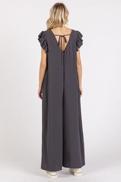 Mittoshop V-Neck Ruffled Cap Sleeve Wide Leg Jumpsuit - Sydney So Sweet