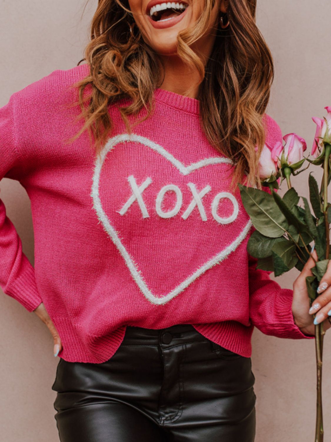 XOXO Round Neck Drop Shoulder Sweater - Sydney So Sweet