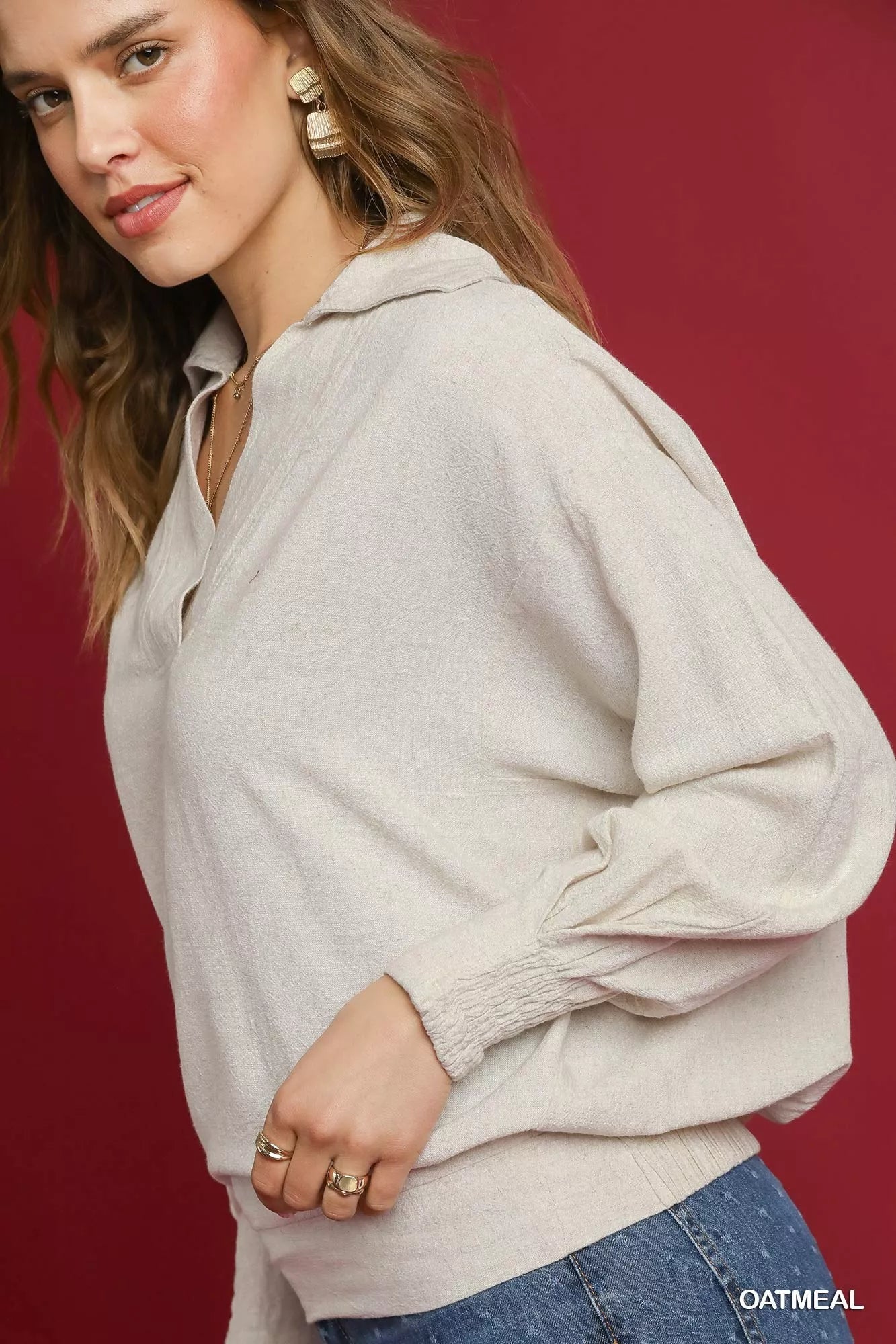 Umgee Linen Long Sleeves Elastic Hem Blouse - Sydney So Sweet
