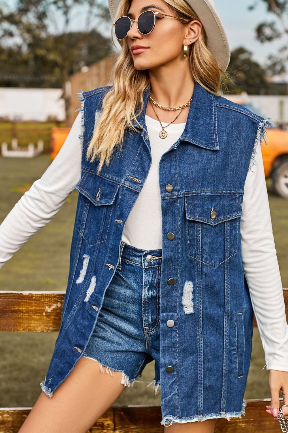 Sleeveless Button-Up Collared Denim Top with Pockets - Sydney So Sweet