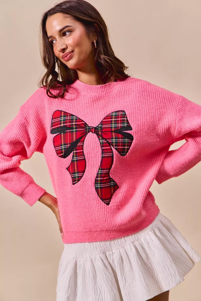 SO ME Checker Plaid Ribbon Christmas Holiday Sweater - Sydney So Sweet
