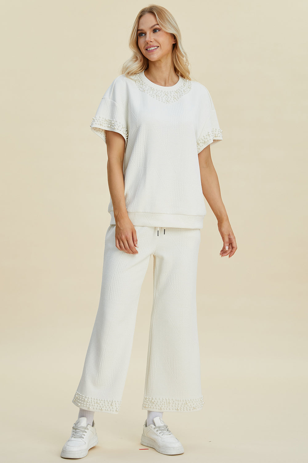 Double Take Full Size Pearl Detail Round Neck Top and Pants Set - Sydney So Sweet