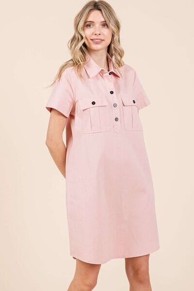 Mittoshop Button Detail Collared Neck Short Sleeve Shirt Dress - Sydney So Sweet