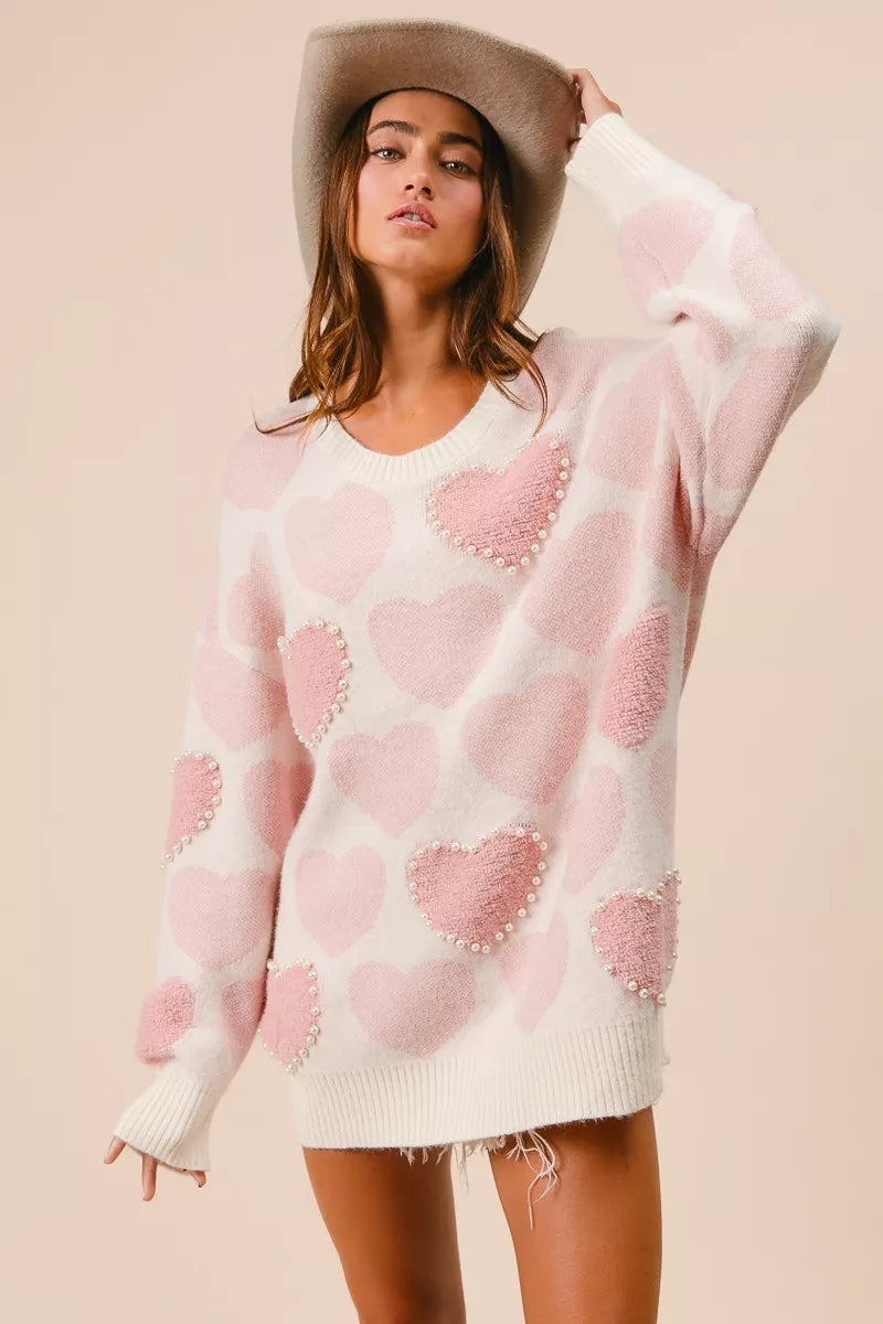 BiBi Heart Pattern Sweater with Pearl Detail - Sydney So Sweet