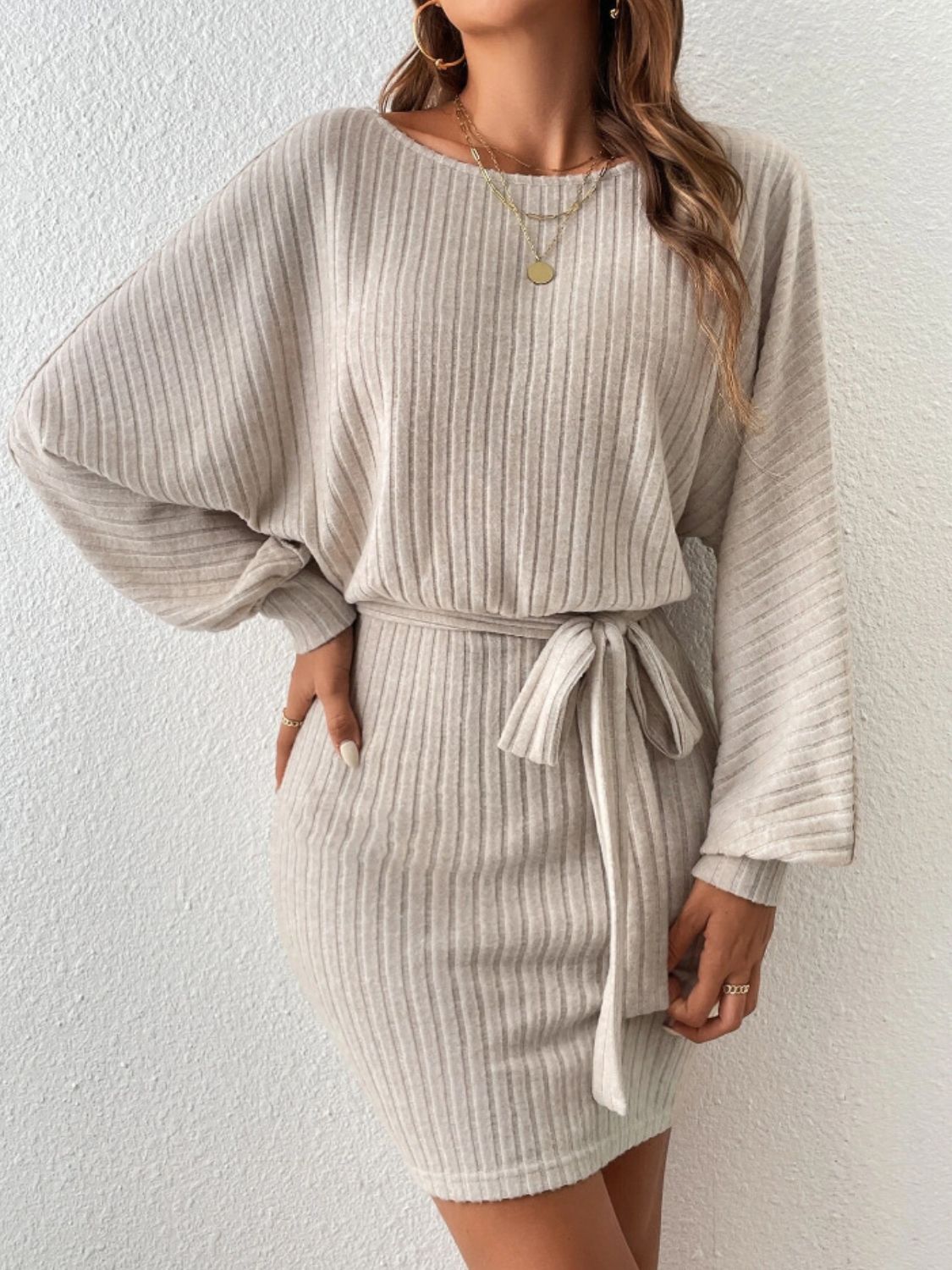 Round Neck Tie Waist Long Sleeve Mini Dress - Sydney So Sweet