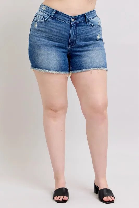 Judy Blue Full Size V-Front Denim Shorts with Shield Pockets Plus Size - Sydney So Sweet