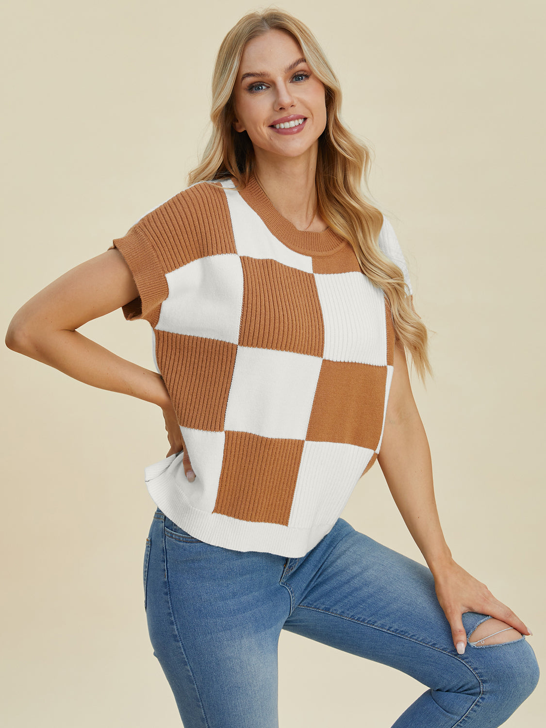 Double Take Full Size Checkered Round Neck Short Sleeve Sweater - Sydney So Sweet