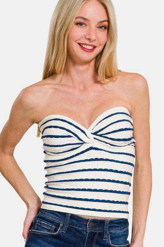 Zenana Twisted Sweetheart Neck Striped Tube Top - Sydney So Sweet