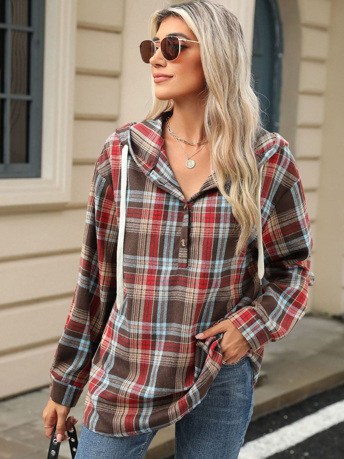 Drawstring Plaid Hooded Long Sleeve Top - Sydney So Sweet