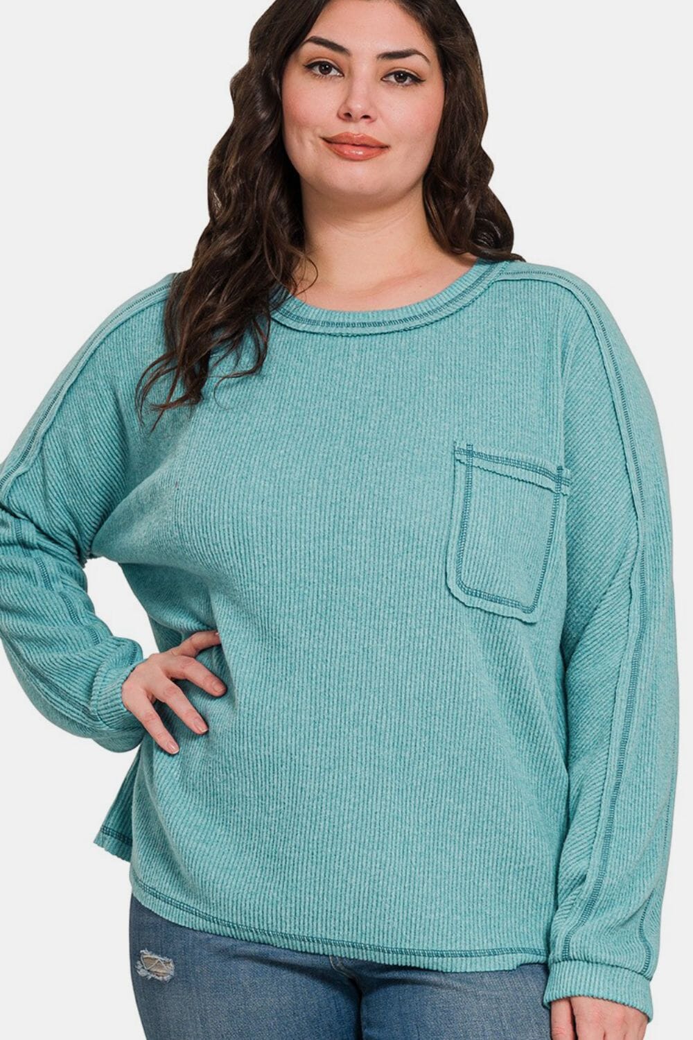 Zenana Full Size Contrast Stitching Brushed Ribbed Hacci Knit Top Plu Size - Sydney So Sweet