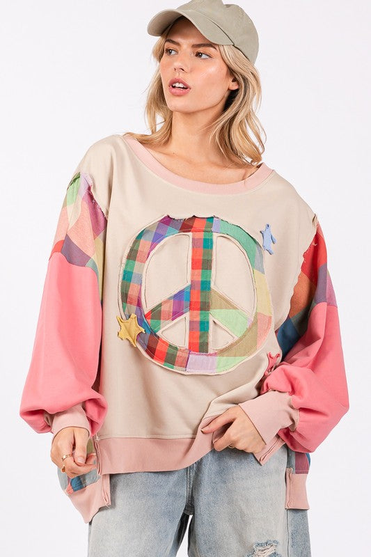 SAGE + FIG Full Size Contrast Peace Patch Dropped Shoulder Sweatshirt - Sydney So Sweet