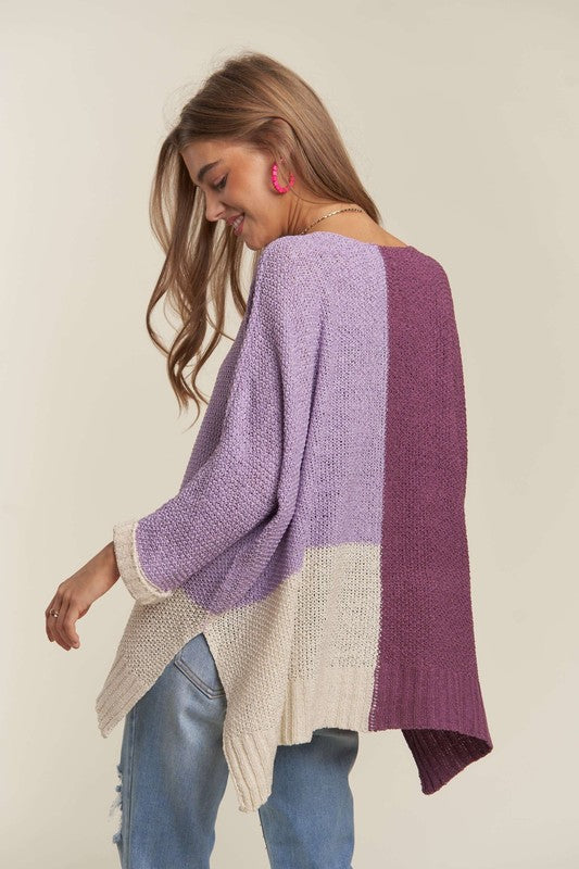 ADORA Side Slit Color Block Long Sleeve Sweater - Sydney So Sweet