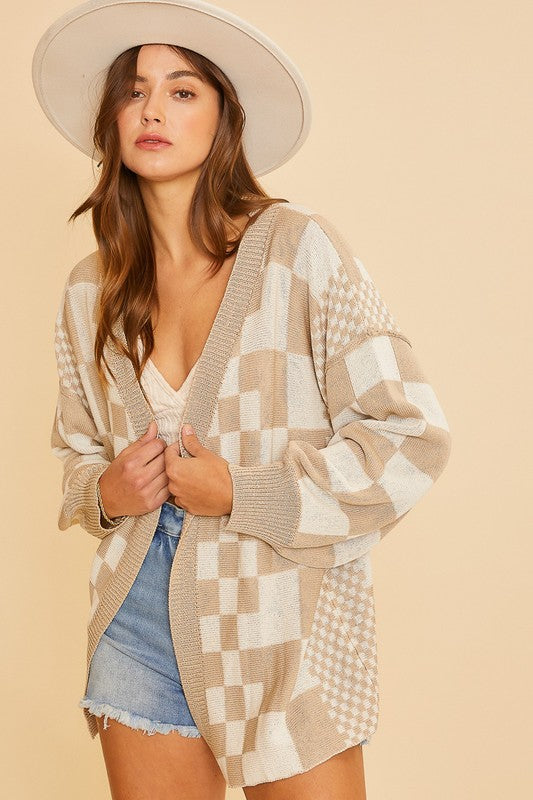 Annie Wear Checkered Open Front Drop Shoulder Cardigan - Sydney So Sweet