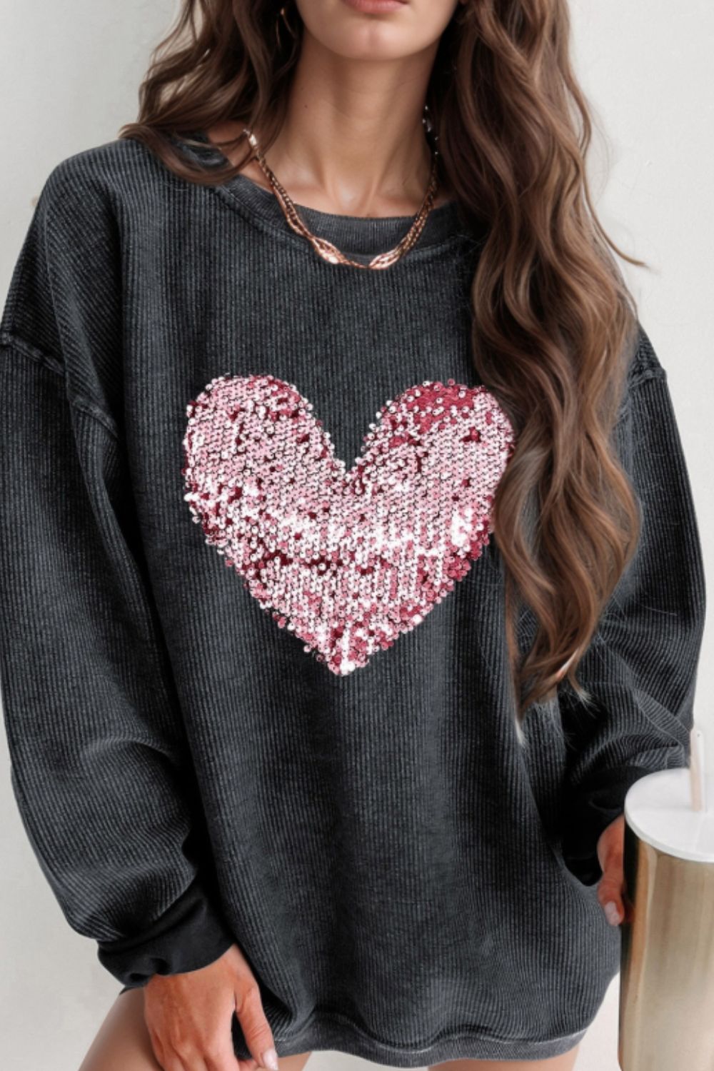 Valentine’s Day Sequin Heart Round Neck Long Sleeve Sweatshirt - Sydney So Sweet