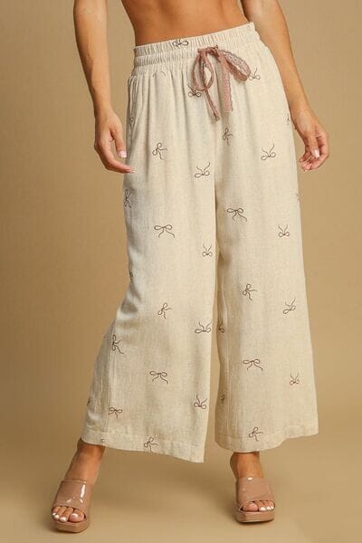 Umgee Full Size Lace Drawstring Embroidered Bow Wide Leg Pants Plus Size - Sydney So Sweet