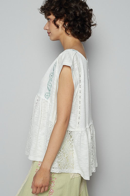 POL Embroidered Detail Boat Neck Cap Sleeve Lace Blouse - Sydney So Sweet