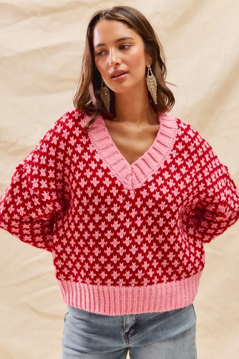 SO ME Color Block Textured Christmas Sweater V Neck Top - Sydney So Sweet