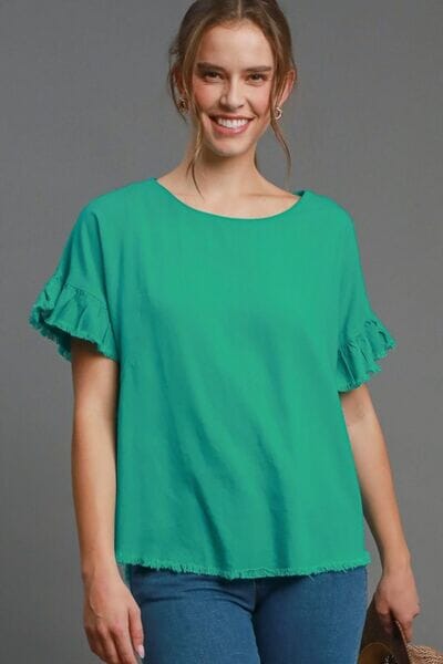 Umgee Full Size Raw Hem Ruffle Short Sleeve Blouse Plus Size - Sydney So Sweet