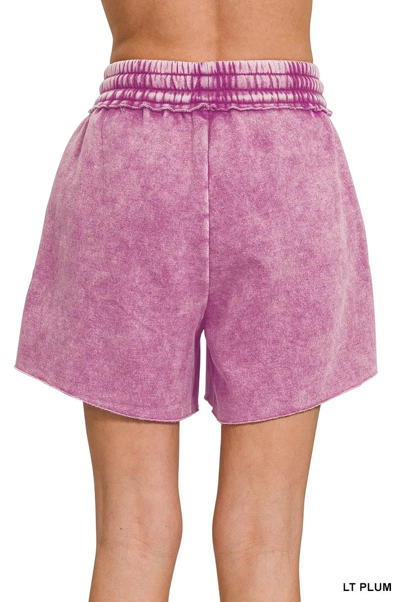 Zenana Acid Wash Fleece Drawstring Shorts With Pockets - Sydney So Sweet