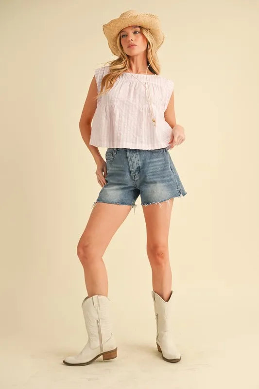 Aemi+Co Ruched Striped Round Neck Sleeveless Top - Sydney So Sweet