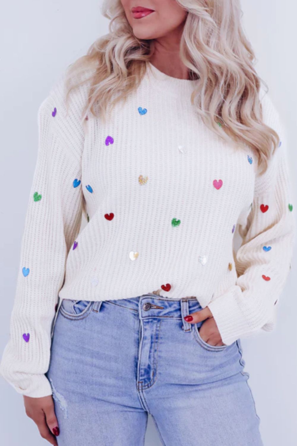 Heart Sequin Round Neck Long Sleeve Sweater - Sydney So Sweet